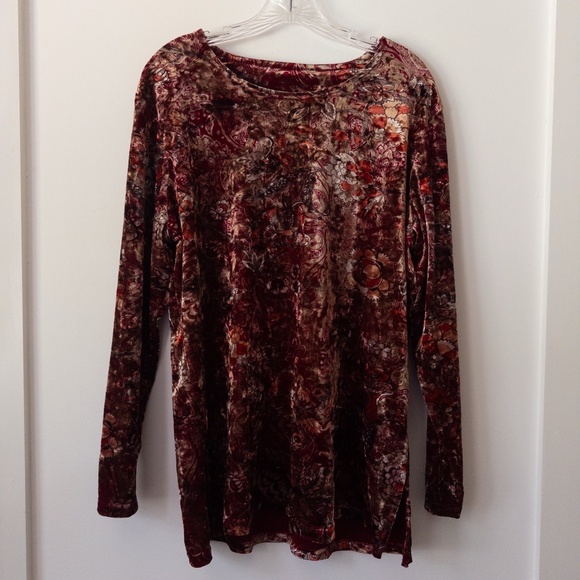 Vintage 90s Velvet Floral Top Womens L Dark Red Gold Paisley Witchy Romantic - Picture 1 of 11